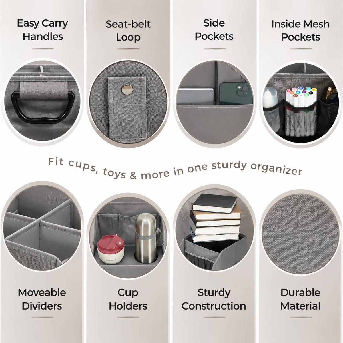 CROS 2 Pack Car Seat Organizer with Metal-Reinforced Cup Holders, 12 Storage Compartments Backseat Car Organizer, Travel Essentials for Kids Toys & Snacks, Non-Slip Seat Storage for SUV, Truck, Gray