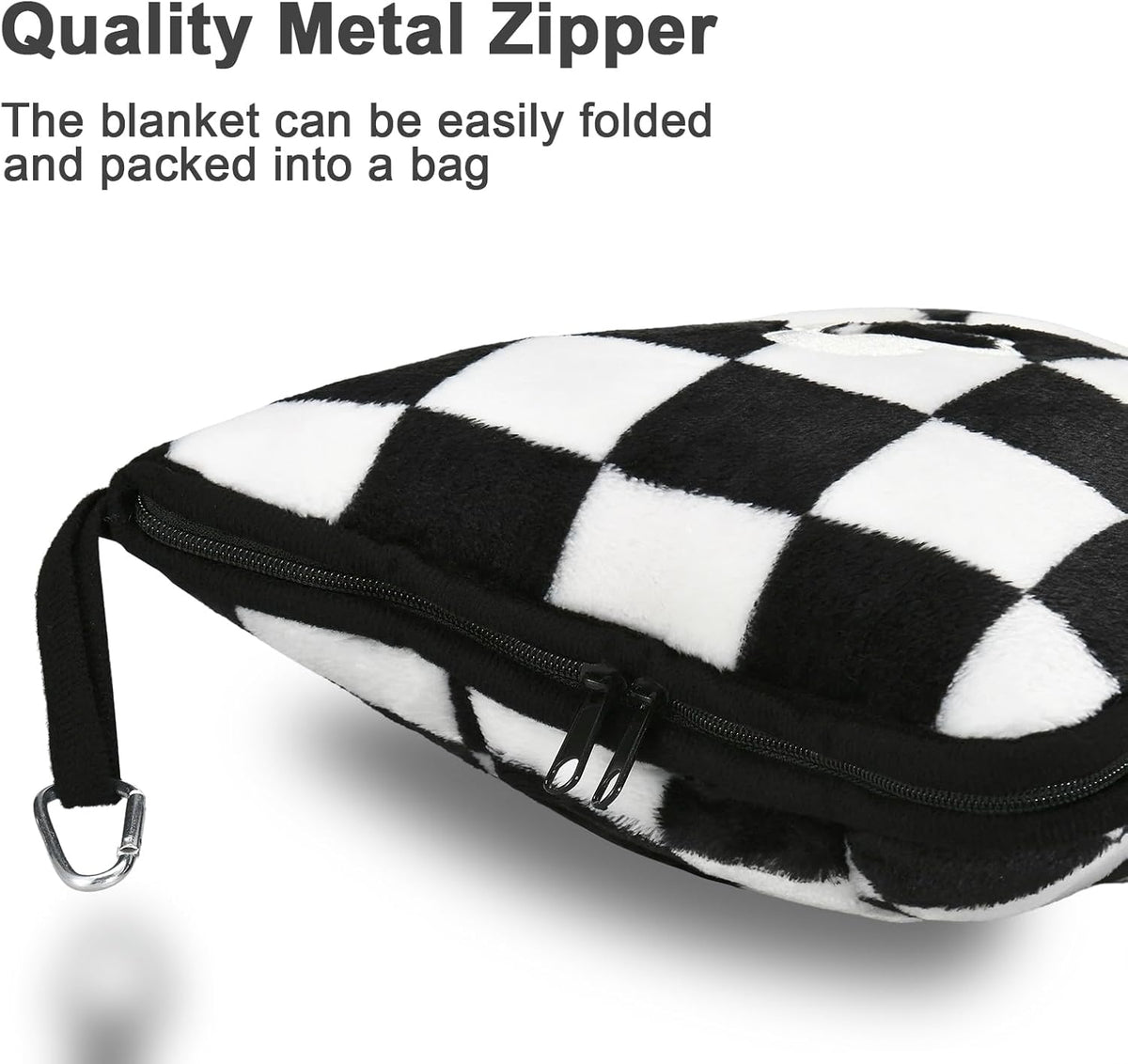Travel Blanket and Pillow Compact, Premium Soft 2 in 1 Airplane Blanket with Soft Bag Pillowcase，Hand Luggage Sleeve and Backpack Clip (Checkered Black)