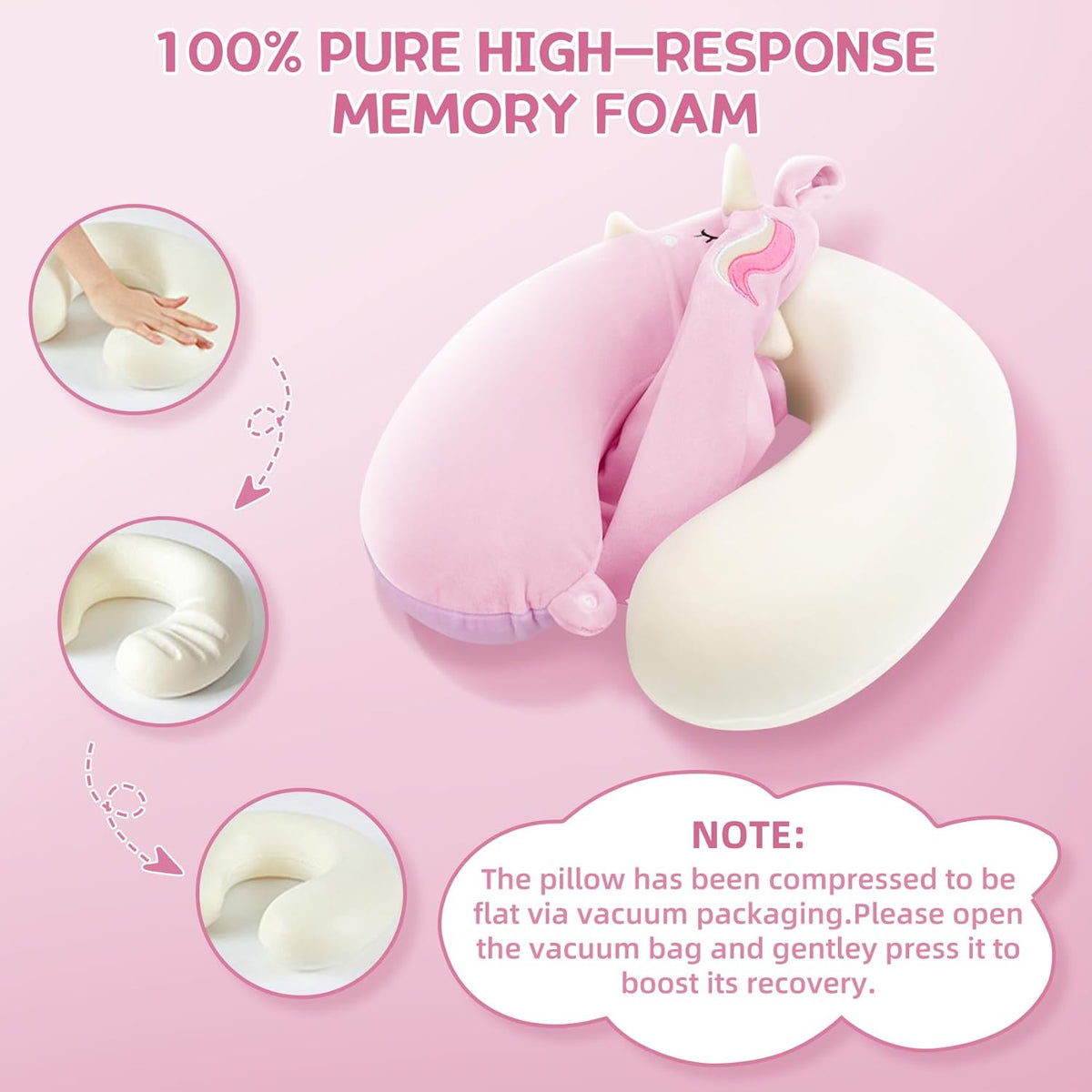 Kids Neck Pillow, Unicorn Kids Travel Neck Pillow for Traveling with Eye Mask, Toddler Travel Essentials for Road Trip Airplane Car Seat, Cute Headrest Memory Foam Pillows for Girl Gift (Pink)
