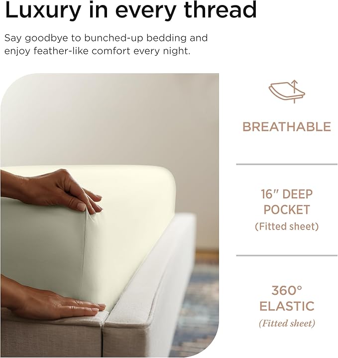 Threadmill Luxury 800 Thread Count California King 100% Cotton Sheets - Ivory Sateen Weave Bed-Sheets, Better Than Egyptian Cotton, 4 Pc Solid Bed Set, Fits 16" Deep Pocket