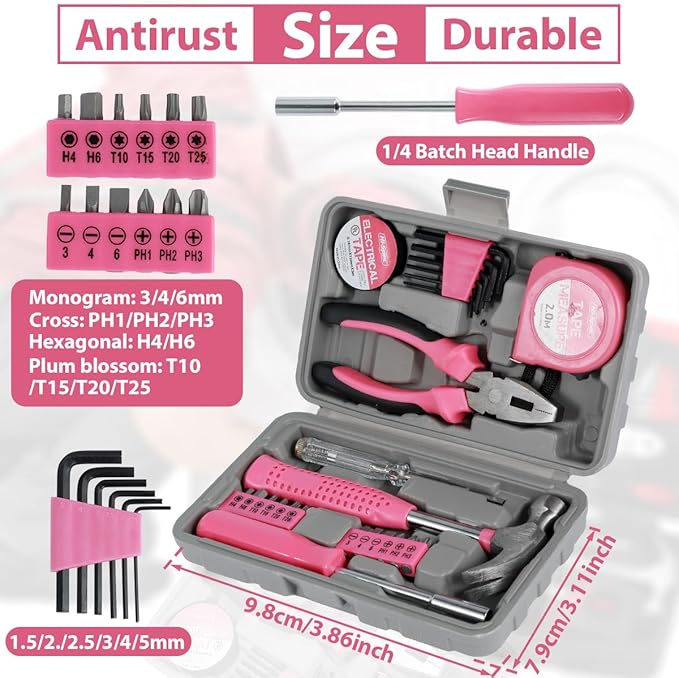 24pcs Small Tool Kit, Pink Mini Tool Kit for Women, Multi-Purpose Home Hand Tool Set with Case, Basic Household Tool Kit for College, Dorm, Office, Garage