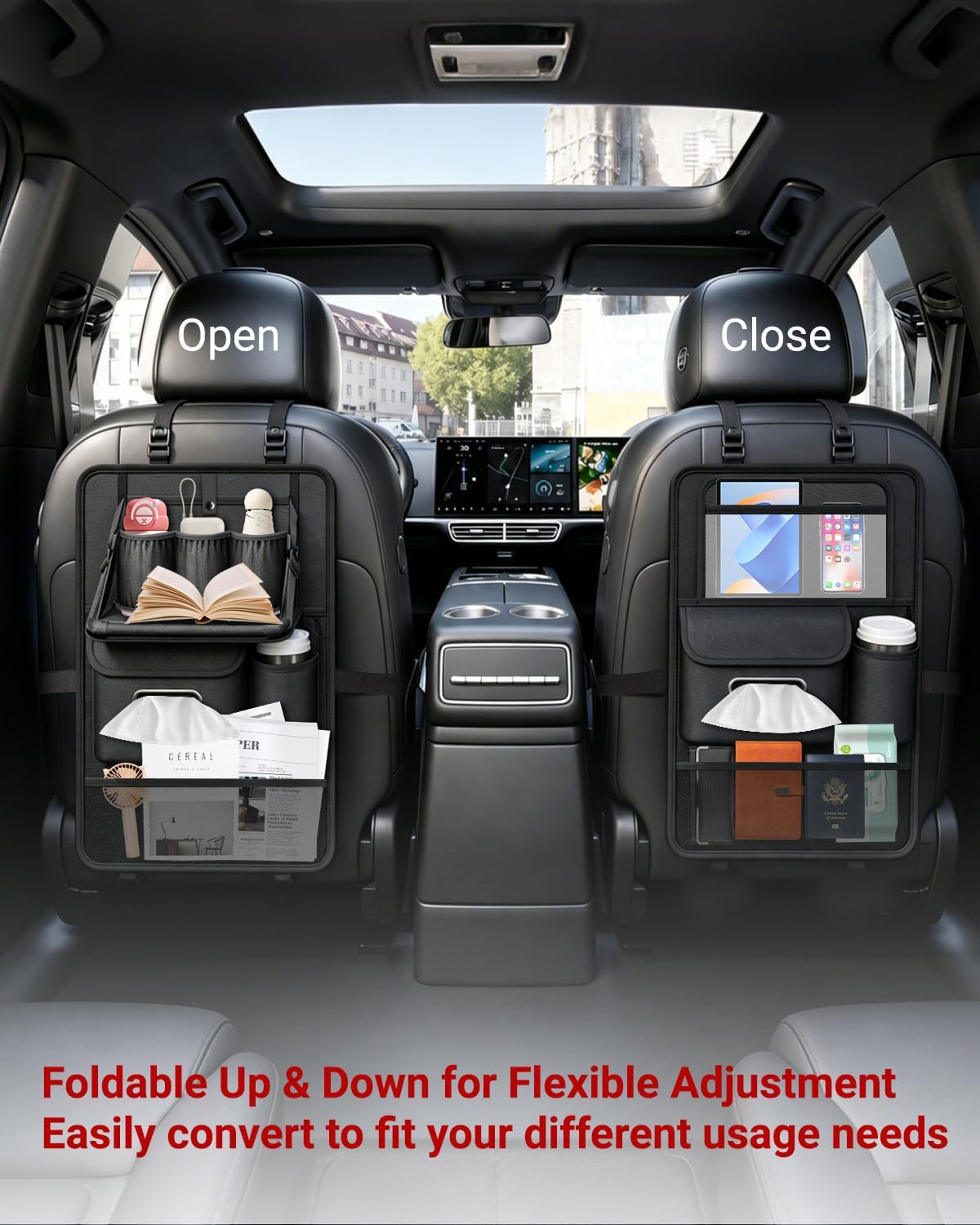 1pc Car Back Seat Organizer with Foldable Table Tray, 8 Storage Pockets & Tablet Holder, Kick Mat Back Seat Protector Cover for Kids, Road Trip Travel Accessories - Black