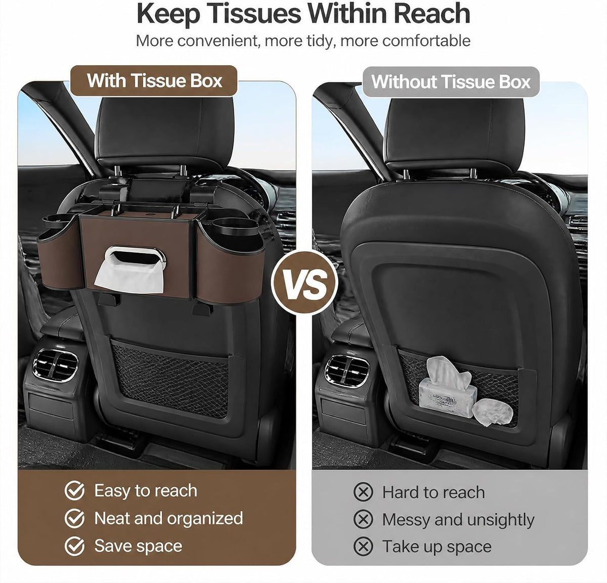Back Seat Car Organizer, 2 Cup Holders, Tissue Holder, Phone Stand & Hooks
