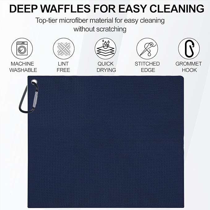 3 Pack 16" X 16" Waffle-Pattern Golf Towels with Carabiner Clip, Super Absorbent Microfiber, Sky Blue