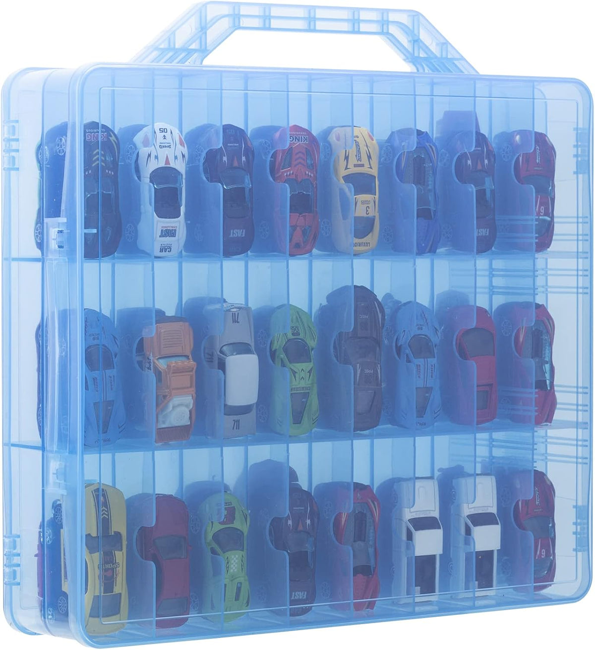 Double Sided Toy Car Storage Case for 48 Diecast Cars, Matchbox Cars, Small Dolls, Portable Storage Case for Toy Cars, Matchbox Cars with 46 Slots, Case Only