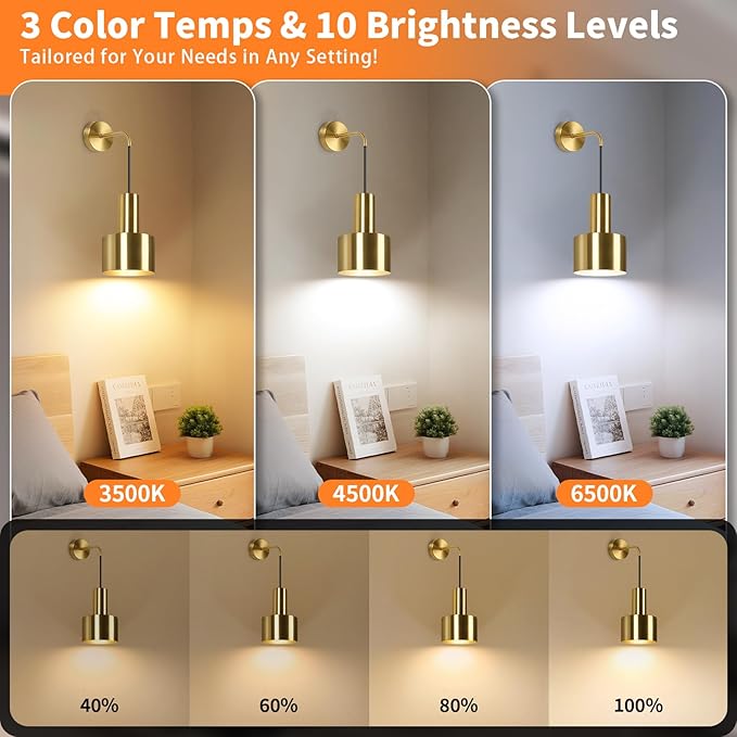 VerRon Rechargeable Battery Operated Wall Sconce Set of Two, Gold Wireless Battery Powered Lights with Dimmable Detachable Bulbs & Remote, Modern Sconces Wall Decor for Bedroom Living Room Hallway