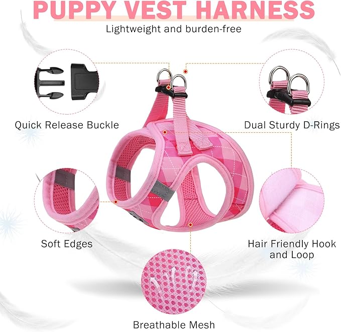 SCENEREAL Small Dog Harness and Leash Collar Set, Step in No Pull Soft Mesh Dog Harnesses for Small Medium Sized Dogs Puppy and Cats Outdoor Walking, No Chock Reflective Vest Harness, Pink Plaid M