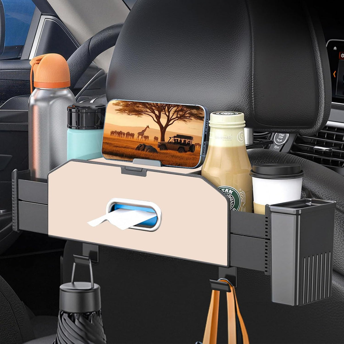Back Seat Car Organizer,5 in 1 Multifunctional Car Back Seat Storage Box with Trash Can Drink Cup Holder Tissue Box, for Hold Phone,Snacks, Drinks, Handbag-Brown
