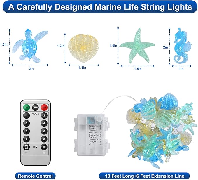 Ocean Themed Decorative Lights String of Marine Life Fairy String Lights Coastal Decor 10ft 30 LEDs Battery Operated with Remote Control for Beach Bedroom Decoration