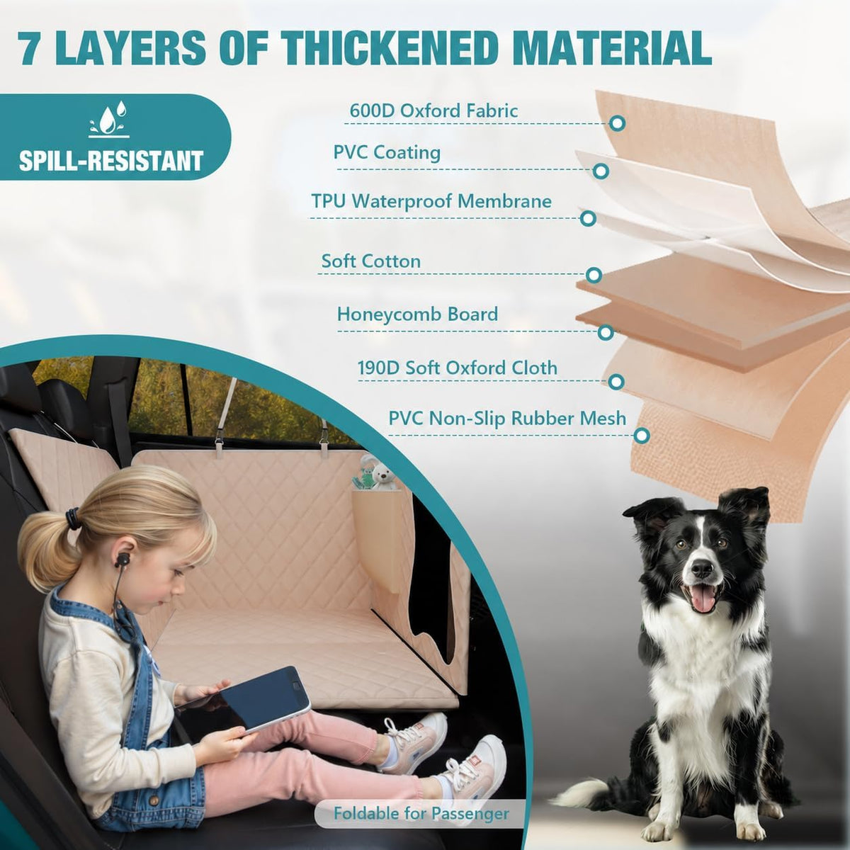 Bark Lover Dog Car Seat Cover for Back Seat – Heavy Duty Back Seat Extender for Dogs with Hard Bottom, 7-Layer Protection, Non-Slip & Scratchproof, Easy to Install (Beige)