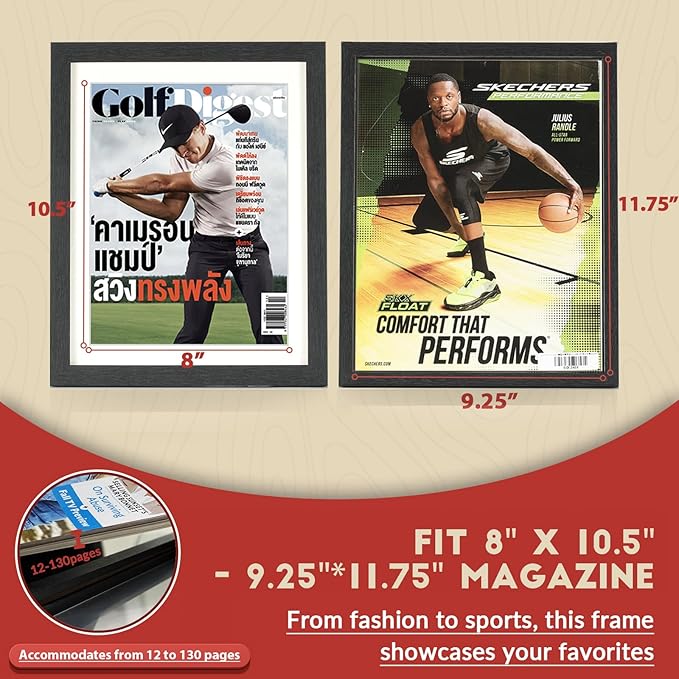 JupDec Sports Magazine Frame 2 Pack, Premium Wood Display Case for 8" x 10.5" Magazines, Wall Mount or Tabletop Stand, Layered Design with Positioning Mat, Perfect for Sports Fans & Home Decor, White