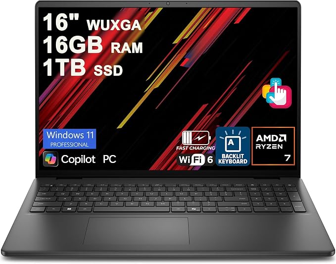 Dell 16 Laptop 16" WUXGA Touchscreen AMD 8-core Ryzen 7 250 16GB RAM 1TB SSD Backlit ExpressCharge Wi-Fi6 for Creator Designer Business Professional Work Win11Pro