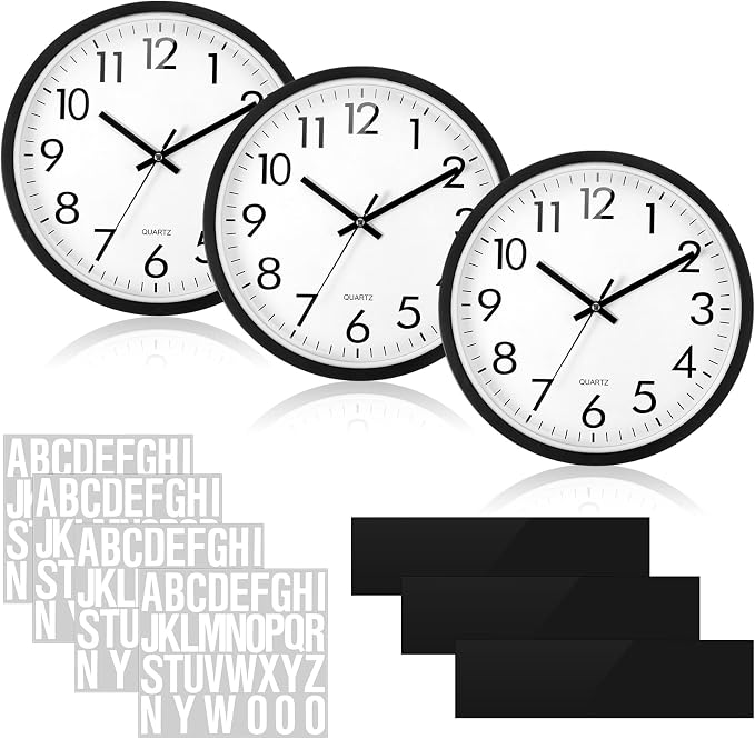 Sasylvia 3 Pcs 10 Inch Wall Clock Battery Operated Round Clock