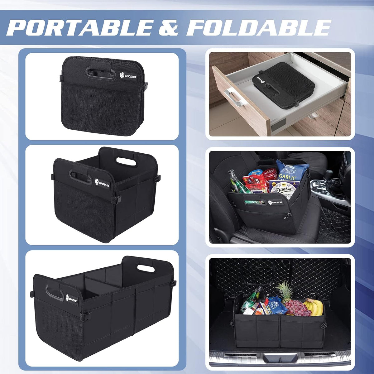 Sposuit Trunk Organizer for Car - Collapsible Trunk Storage with 11 Pockets & Reinforced Handles, SUV Trunk Organizers for Grocery Cargo(Black)