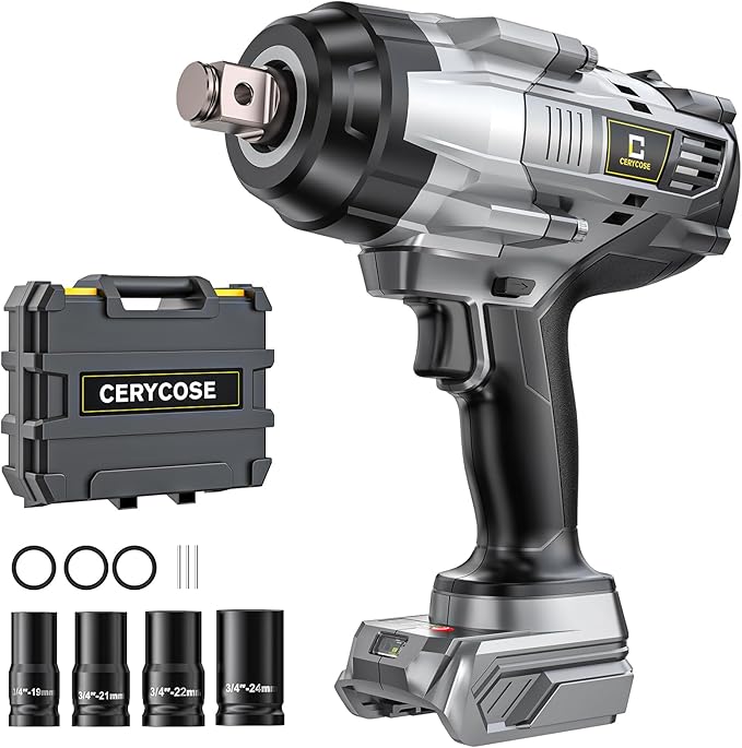 Cerycose 3/4" Cordless Impact Wrench Compatible with DeWalt 20V Battery, 1850 Ft-lbs (2500N·m) High Torque Brushless Impact Driver, 4 Sockets & Carrying Case, Heavy Duty for Trucks, Cars & Mowers