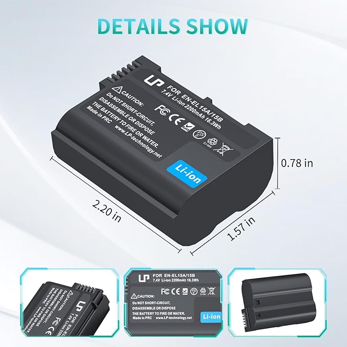 EN-EL15 Battery Pack, LP 2-Pack EN-EL15 EN EL15a Rechargable Li-ion Replacement