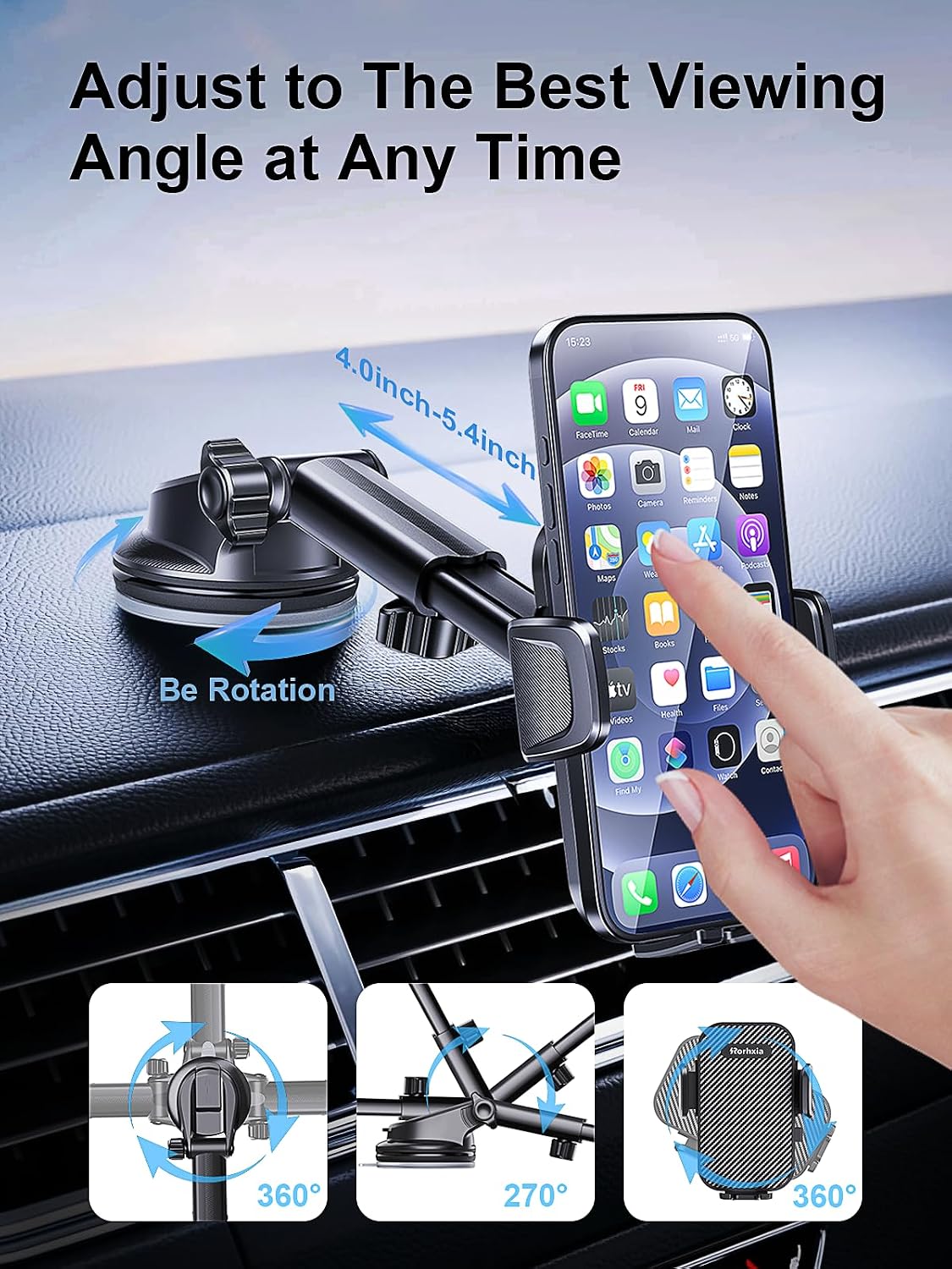 Rorhxia 3-in-1 Phone Mount for Car [2026 Most Stable and Flexible Suction Cup] Vent Dashboard Windshield Cell Phone Holder Car Fit for iPhone, Samsung, All Phone