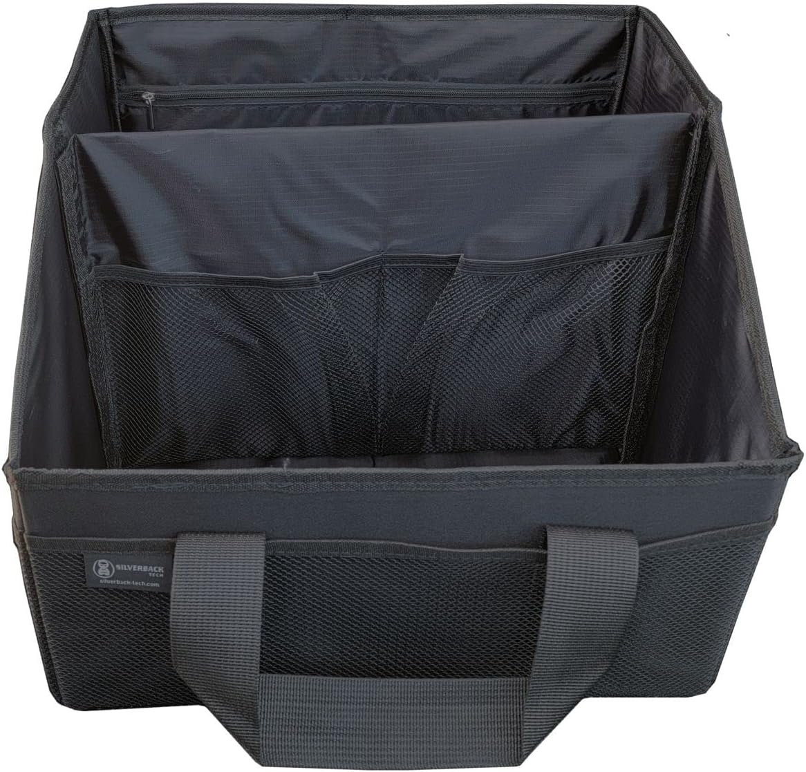 New Wider Tote Organizer, Collapsible with Elastic Strap for Easy Storage, Center Back Seat Container with Seat Belt Securing Loop. Tesla Accessories (Black XL Tote, 1 pack)