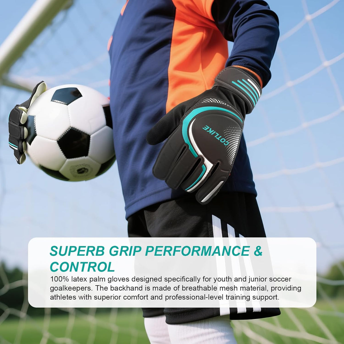 Skiennix Soccer Goalie Gloves - Youth Goalkeeper Gloves for Kids 8-12 | Strong Grip, 100% Latex, Breathable Design