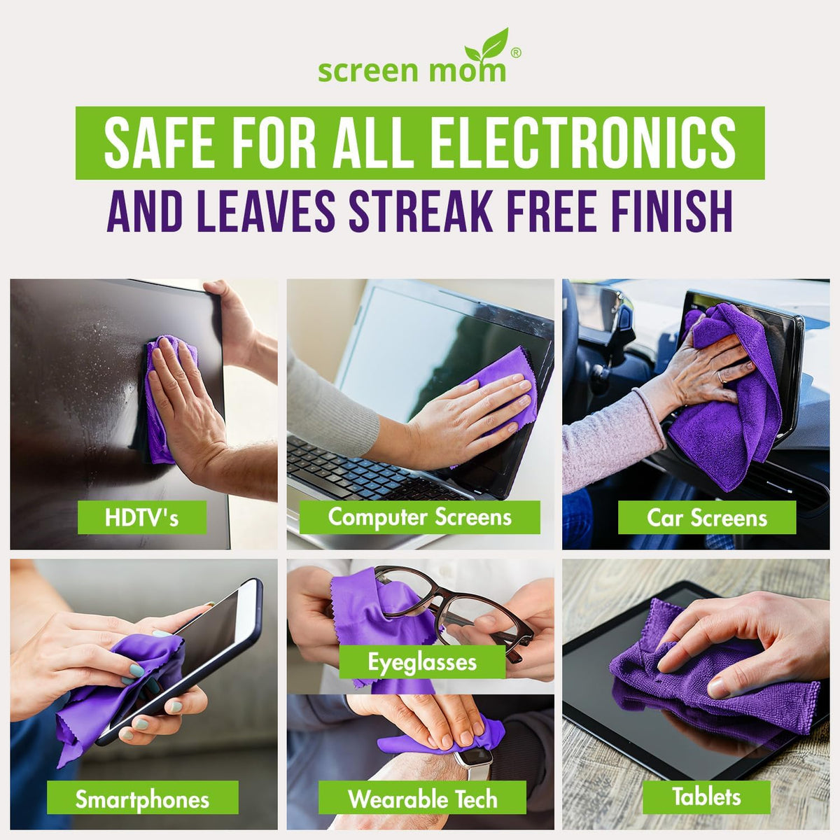 Screen Mom Screen Cleaner Spray 8oz & 2oz for TV, Car, Laptop and Computer | Streak-Free Formula, Alcohol & Ammonia Free, 4 Microfiber Cloths, Cleans TVs Phones Tablets Glass OLED, Residue-Free Cleaning