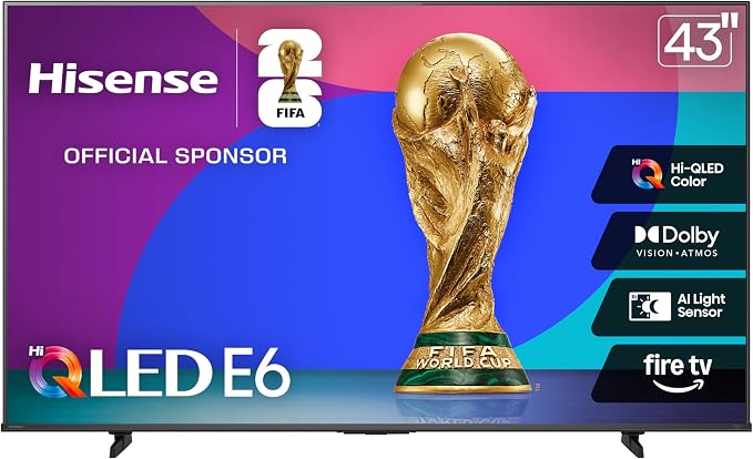 Hisense 43" E6 Cinema Series Hi-QLED 4K UHD Smart Fire TV (43E6QF) - AI Light Sensor, Dolby Vision · Atmos, Voice Remote with Alexa, Motion Rate 120, HDR 10+ Adaptive, Game Mode Plus