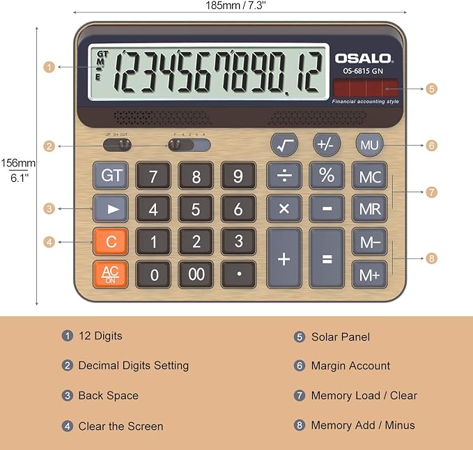 Desktop Calculator Extra Large 5-Inch LCD Display 12-Digit Big Number