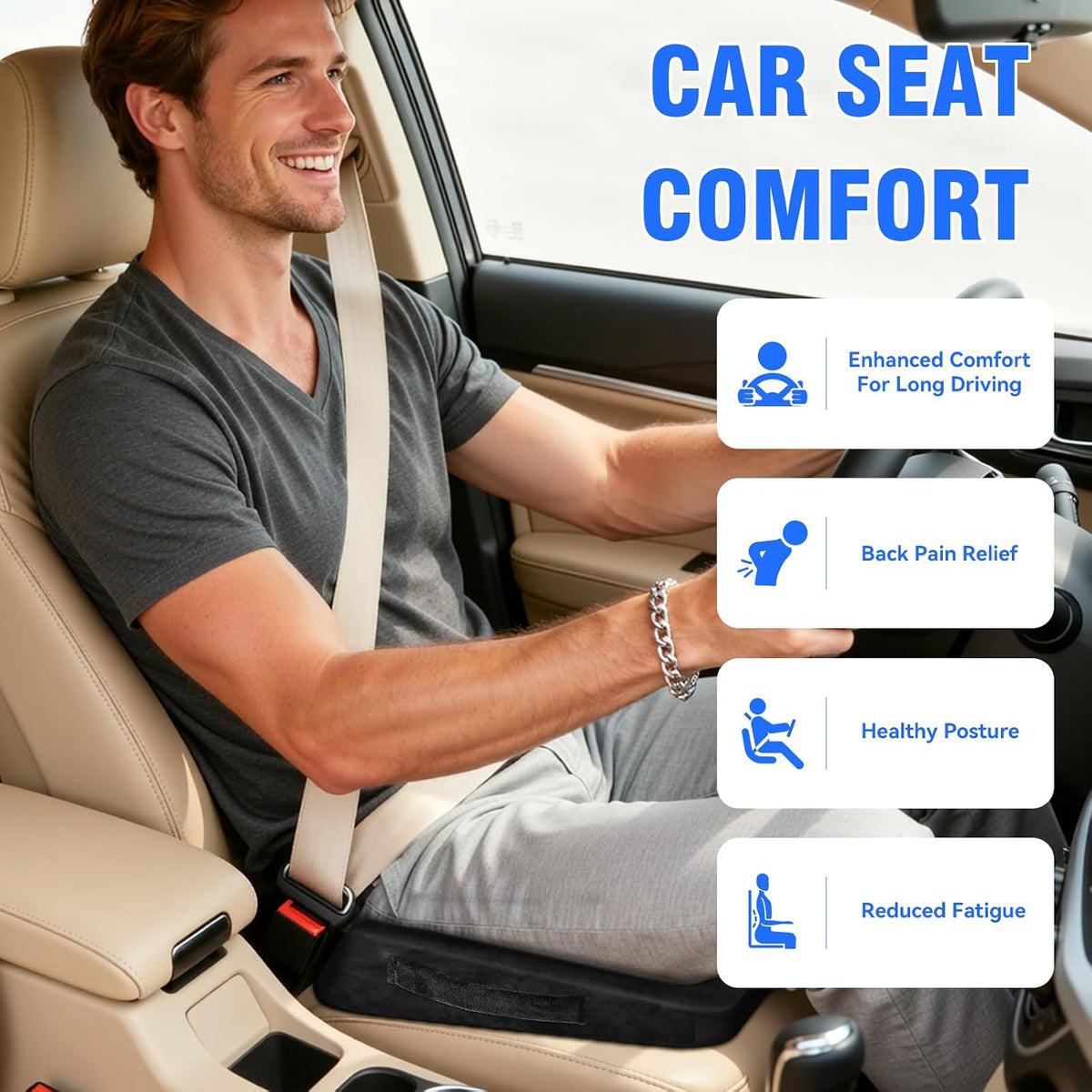 Car Seat Cushion for Driving, Wedge Car Cushion for Home Office Travel Long Sitting, Soft Comfortable Support for Sciatica Tailbone, Pain and Pressure Relief, Non-Slip(Black)