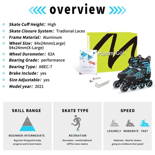 Inline Skates for Adults Men Women, Adjustable Aggressive Durable Roller Skates with Giant Wheels, High Performance Skates for Male Female Teal Size 8 9 10 11