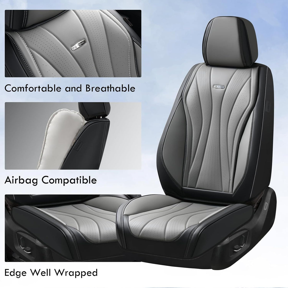 Coverado Seat Covers Full Set, Leather Car Seat Covers, Waterproof Seat Covers for Cars, Front and Back Seat Covers, Car Seat Protectors Car Seat Cushions Universal Fit for Most Cars, Black&Gray