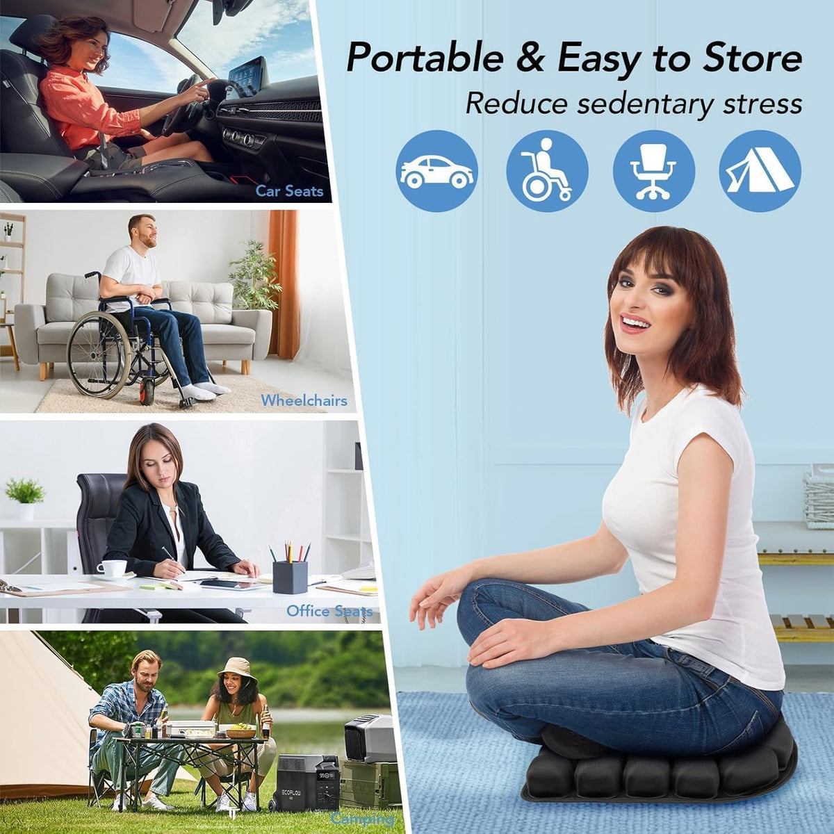 3D Air Inflatable Travel Seat Cushion for Pressure Relief Support | Comfort Cushion for Long Sitting,Car,Airplane Travel,Office Chairs & Home Living,Designed for Tailbone & Hemorrhoid Comfort