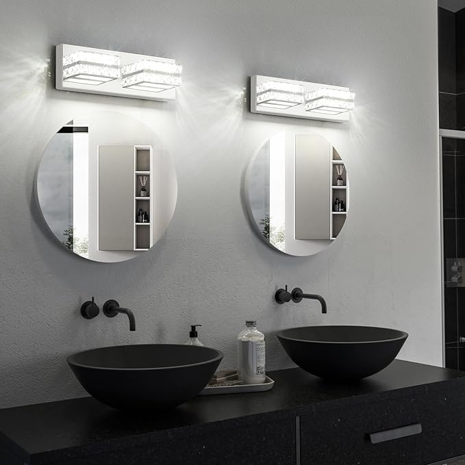 OKELI Crystal Bathroom Lighting Fixtures Over Mirror 2 Light Chrome Vanity Light Modern Vanity Wall Light for Washbasin, Dressing Table, 18W, Dimmable Cold White