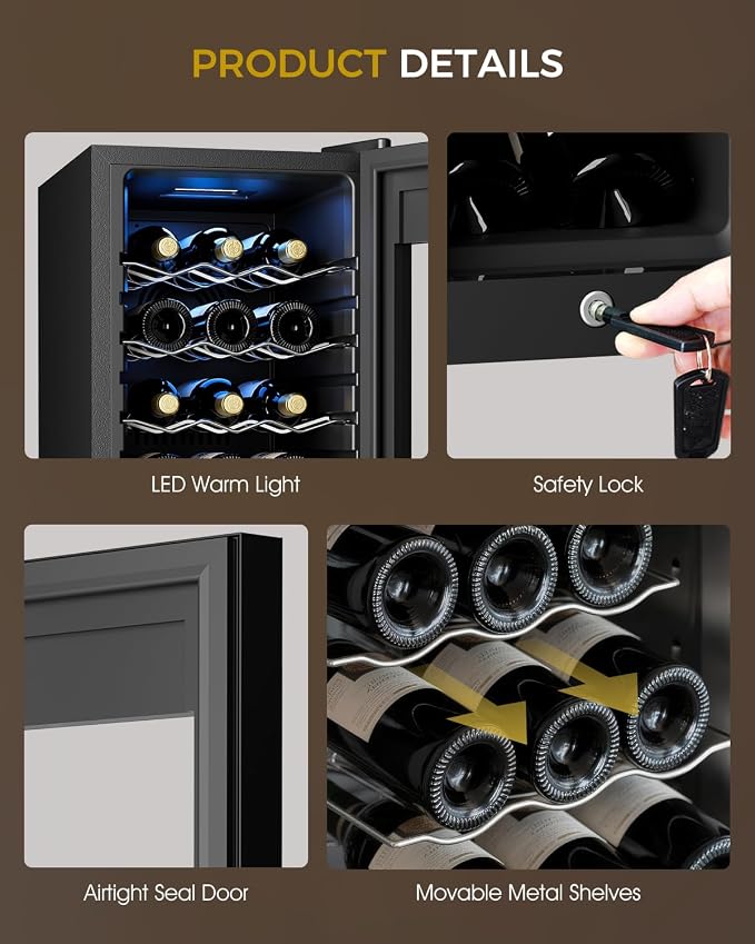 Feelfunn 18 Bottle Wine Cooler Refrigerator - Small Wine Fridge with Glass Door & Digital Temperature Control, Freestanding Wine Refrigerator for Red, White, Champagne or Sparkling Wine, Black
