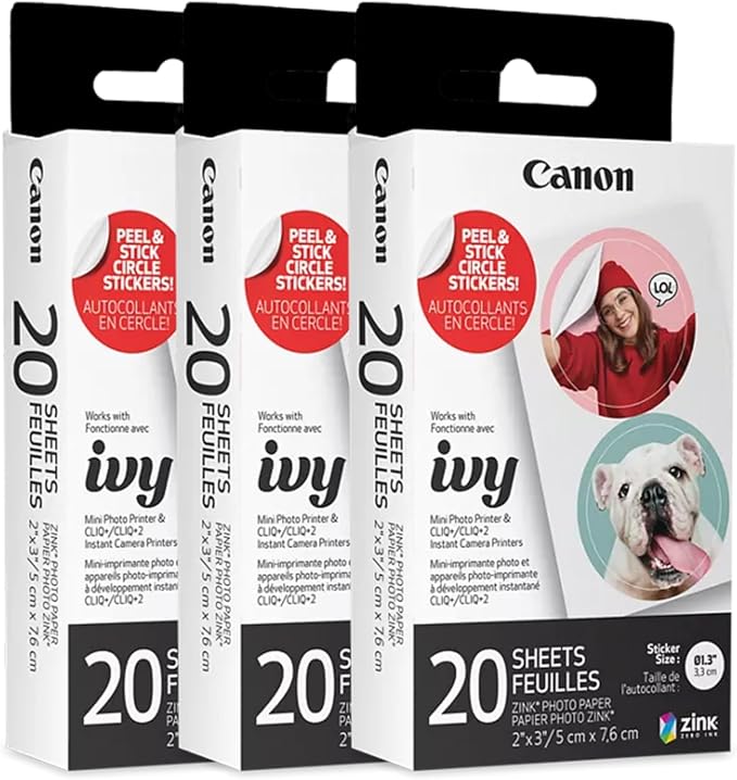 Canon Ivy Zink Pre-Cut Circle Sticker Paper 20 Sheets Pack Compatible