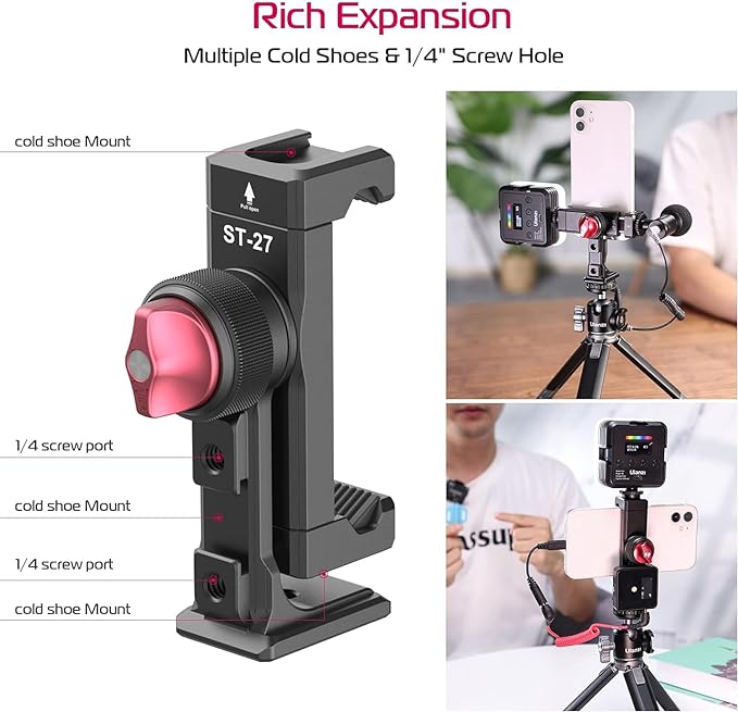 Metal Phone Tripod Mount 3 Cold Shoes & Arca Port, 360° Smartphone Tripod