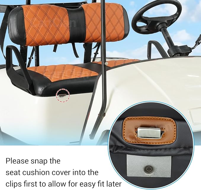Golf Cart Diamond Seat Covers Kit Suitable for EZGO TXT Standard Front Seat Cushion, Golf Cart Front Seat Covers Kit No Drilling & Waterproof (Brown PVC Leather & Black Stitching)