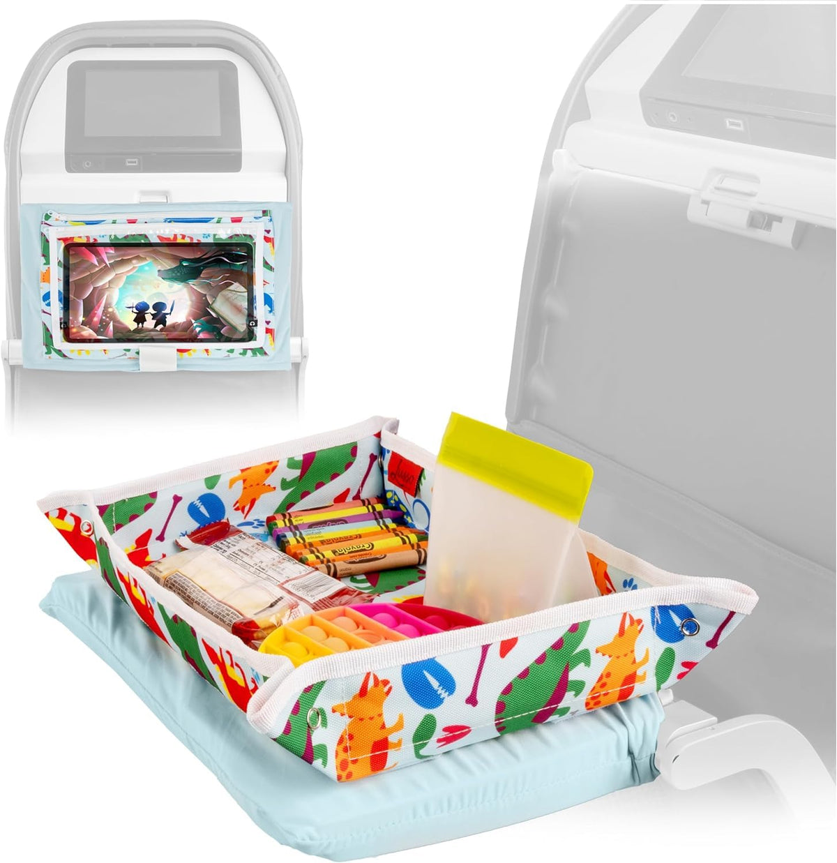 Lusso Gear Kids Airplane Tray Table Cover - Storage Pockets for Toddler Toys & Snacks - Kids Travel Essentials & Organizer - Portable Fit for Most Airplane Trays - Dinos