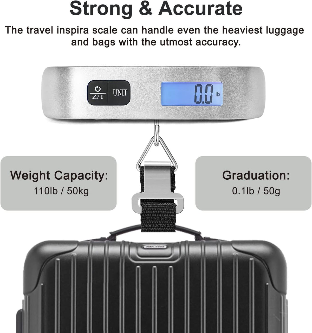 Travel Inspira Luggage Scale - Portable Digital Hanging Baggage Scale Up to 110 lbs | Battery Included
