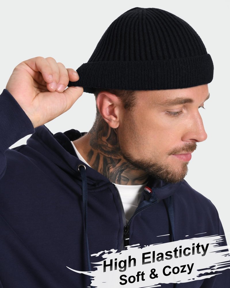 ROYBENS Swag Wool Short Fisherman Beanie for Men Women, Fleece Lined Warm Winter Hat, Knit Cuff Trawler Beanies Watch Skull Cap Black