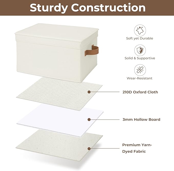 StorageWorks Storage Basket with Lid, Decorative Storage Boxes with PU Handles, Stackable Fabric Storage Bins for Closet, Shelves, Ivory, Large, 3-Pack