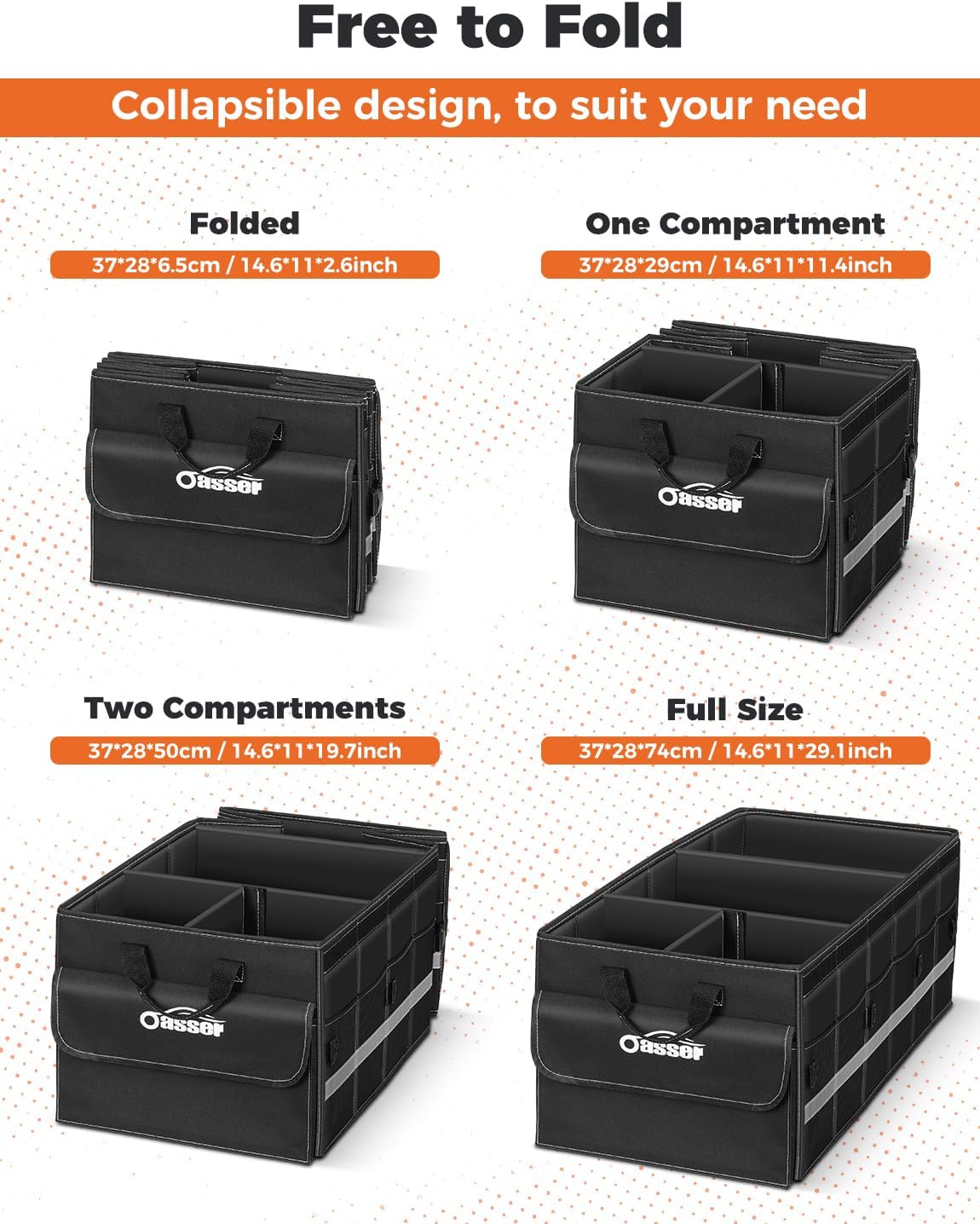 Oasser Car Trunk Organizer for SUV 75L Collapsible 4 Compartment Storage, Foldable Organizer Car Accessories for Women/Men
