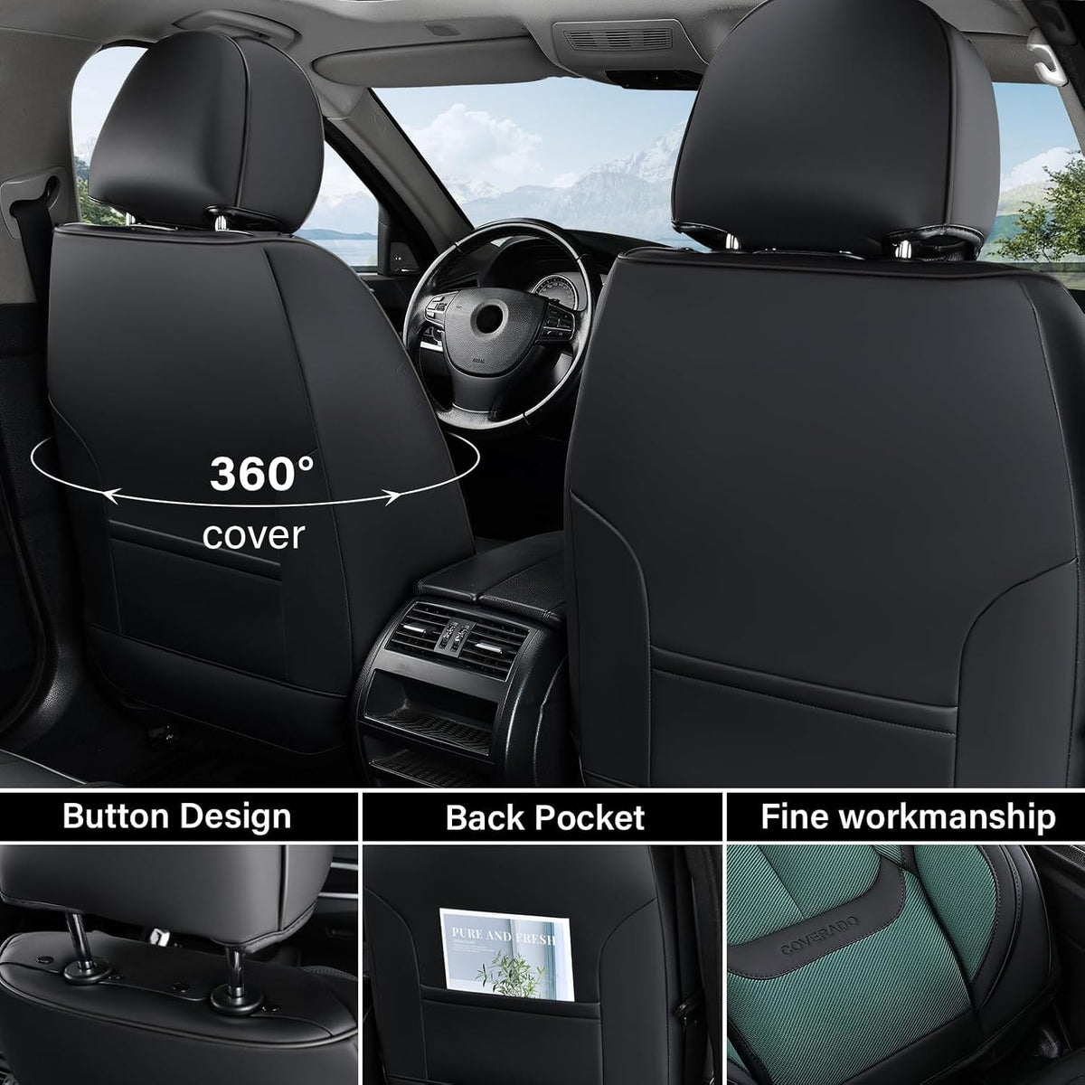 Coverado Seat Covers Full Set, Car Seat Covers Front Seat and Back Seat, Fabric&Leather Car Seat Protectors, Universal Seat Covers for Cars, Compatible with Most Cars, Green
