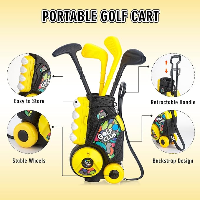 Toddler Golf Set with Cart, 4 Upgraded Handle Clubs, 47.2" Putting Mat, 8 Balls, Training Accessories for 3 4 5+ Years Old Boys Girls