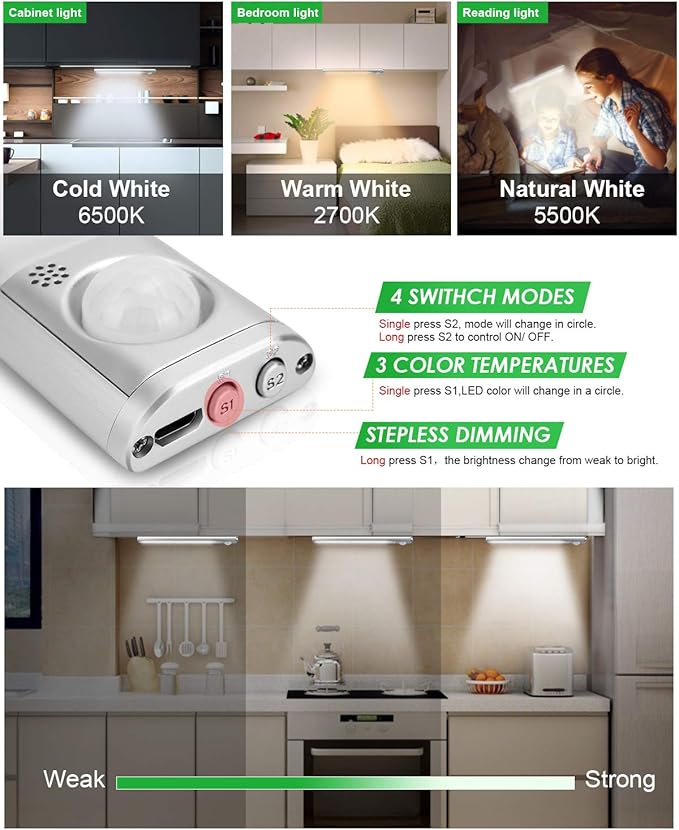 Under Cabinet Lighting 80 LED Closet Light, Motion Sensor lights Indoor USB Rechargeable Dimmable Stick-on Night Light Bar for Kitchen, Wardrobe, Garage, Stairs, Bedroom (1 Pack)