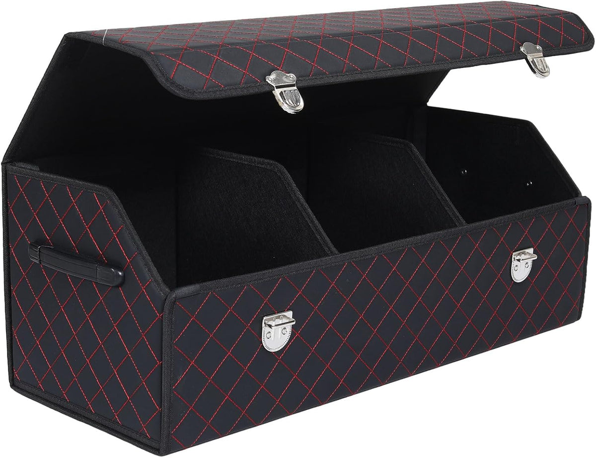 Trunk Organizer with Lid for Car Foldable Storage Box Heavy Duty PU Leather Cargo Organizer for SUV Sedan Waterproof (Red, Large)
