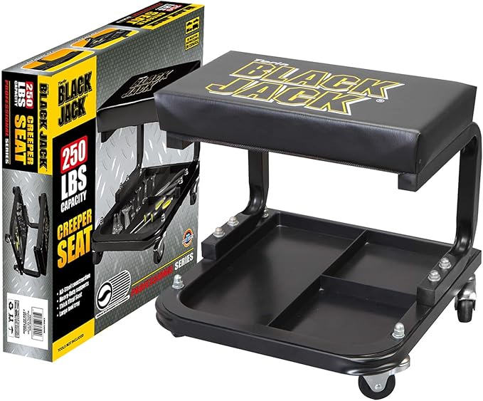 Torin ATR7211 Blackjack Rolling Creeper Garage/Shop Seat: Padded Mechanic Stool with Tool Tray Storage, Black, Large