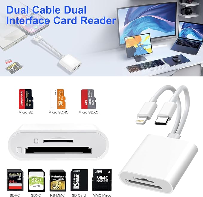 SD Card Reader for iPhone iPad, USB C & Lightning Dual Interface Memory Card