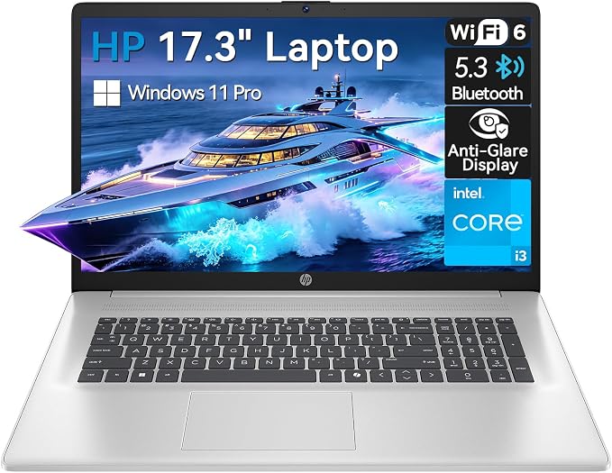 HP 17 Laptop, 17.3" HD+ Large Screen Display, Intel Core i3 8-Core Processor, 16GB RAM, 512GB PCIe NVMe SSD, Wi-Fi 6, Numeric Keypad, Copilot Key, Windows 11 Pro