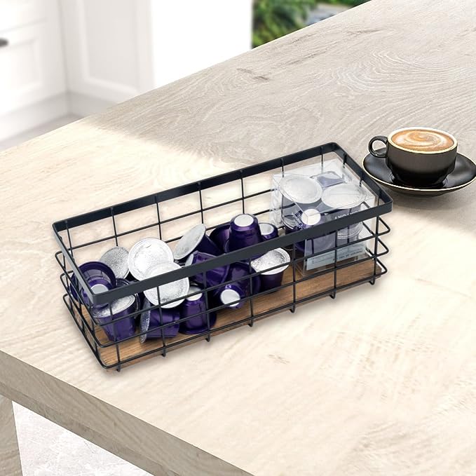 TIEYIPIN Farmhouse Small Metal Wire Storage Basket Bin, Rustic Home Storage Organizer with Wooden Bottom for Kitchen, Cabinets, Bathroom Counter, Pantry, Garage, Laundry Room - Black (2 Pack)