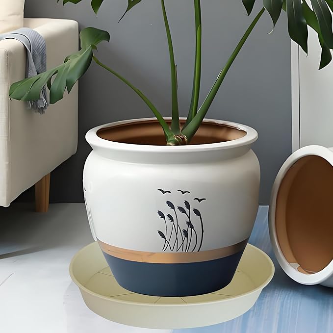 4 Pack of 18 19 inch Plant Saucer Drip Tray (16.6 inch Base), Heavy Duty Deep Plant Saucers for Pots, Plastic Flower Planter Water Trays for Indoors Outdoor (19", Beige)