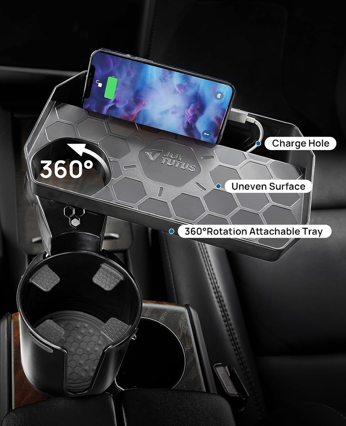 JoyTutus 2 Pack Cup Holder Tray for Car, Car Cup Holder Expander with 360°Rotation Tray, Large Cup Drink Holder Compatible with Yeti/Hydro Flask, Detachable Food Tray Table, Road Trip Essentials